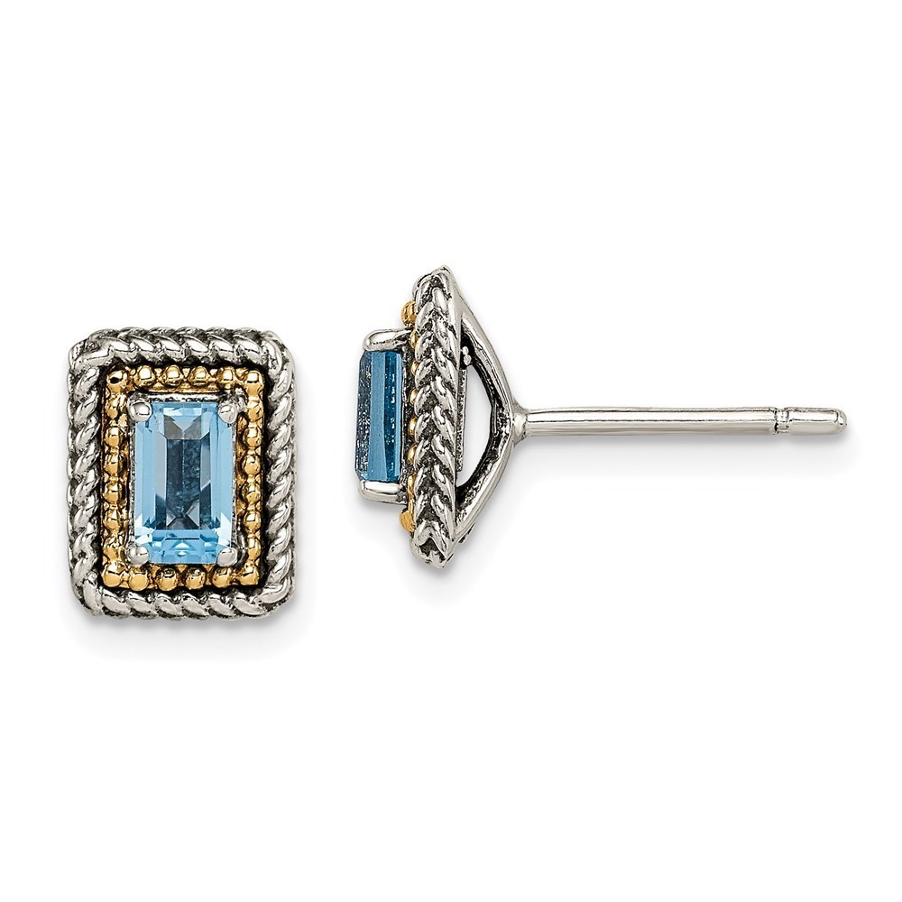 925 Sterling Silver W 14k Accent Antiqued Emerald-Cut Blue Topaz Post Earrings